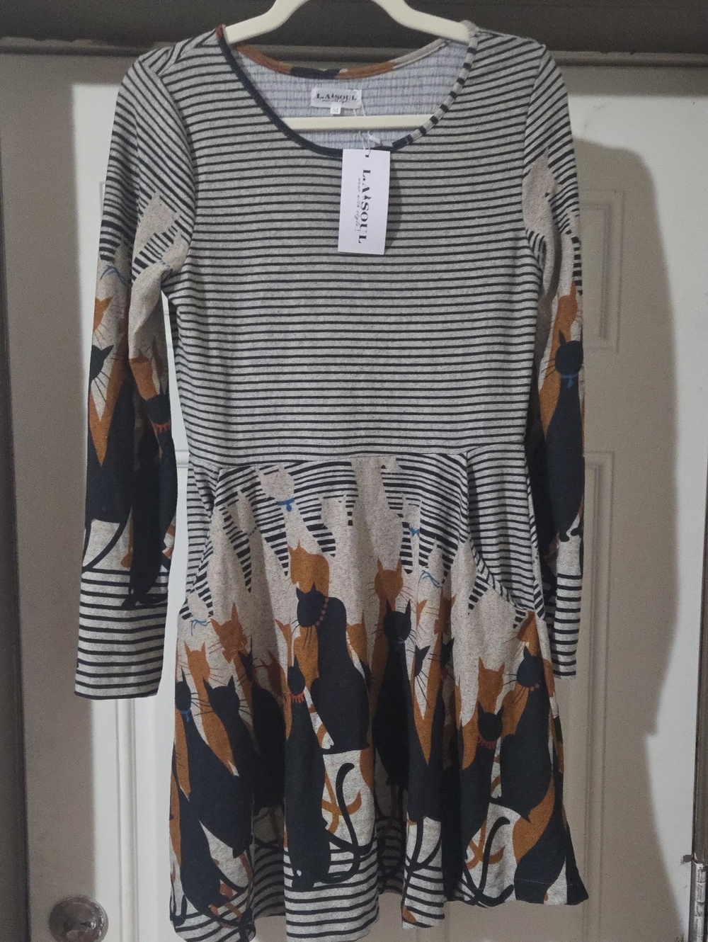 LaJoqi Black & Cream Striped Midi Dress with Cat Motif